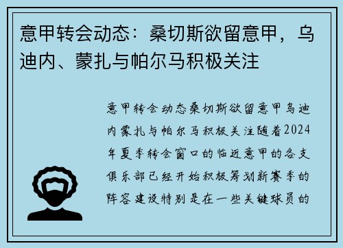 意甲转会动态：桑切斯欲留意甲，乌迪内、蒙扎与帕尔马积极关注