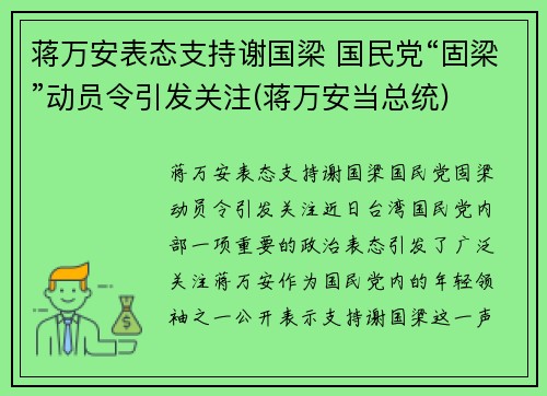 蒋万安表态支持谢国梁 国民党“固梁”动员令引发关注(蒋万安当总统)