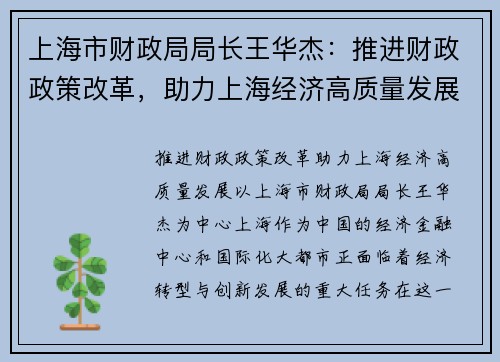 上海市财政局局长王华杰：推进财政政策改革，助力上海经济高质量发展