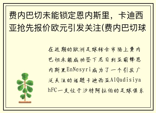 费内巴切未能锁定恩内斯里，卡迪西亚抢先报价欧元引发关注(费内巴切球衣2021)