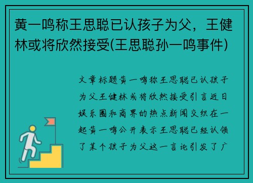 黄一鸣称王思聪已认孩子为父，王健林或将欣然接受(王思聪孙一鸣事件)