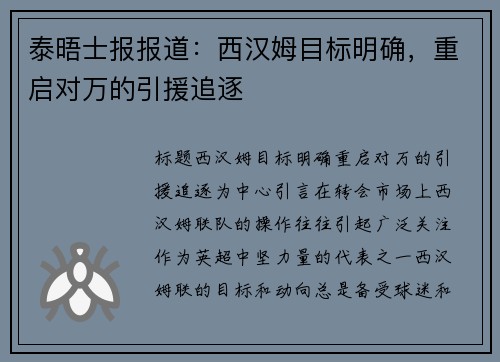 泰晤士报报道：西汉姆目标明确，重启对万的引援追逐